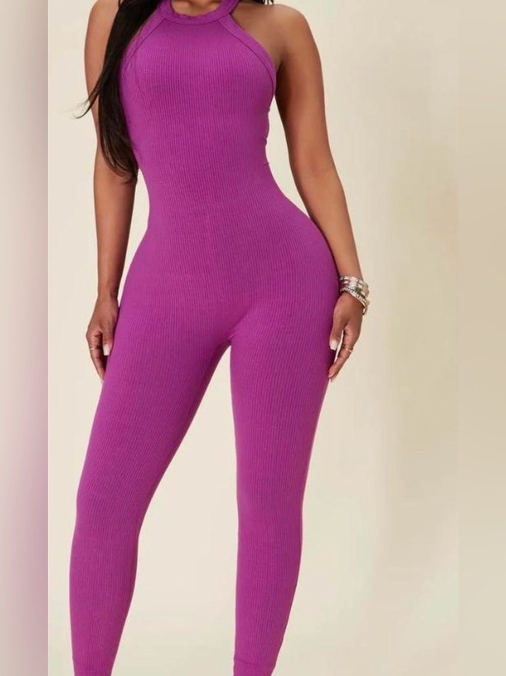 Fashion Nova Ribbed Fuschia Jumpsuit Size L, High Stretch Sold Out Online